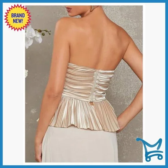 Pleated Satin Strapless Tube Top Party Cocktail Bandeau Zipper Back - Picture 2 of 6